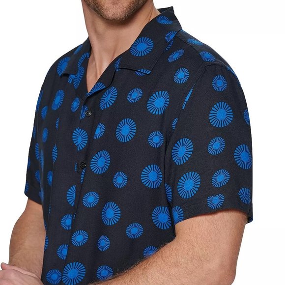 Karl Lagerfeld Paris Men's Retro Sunflower Motif Print Camp Shirt Viscose Blue - Picture 3 of 5